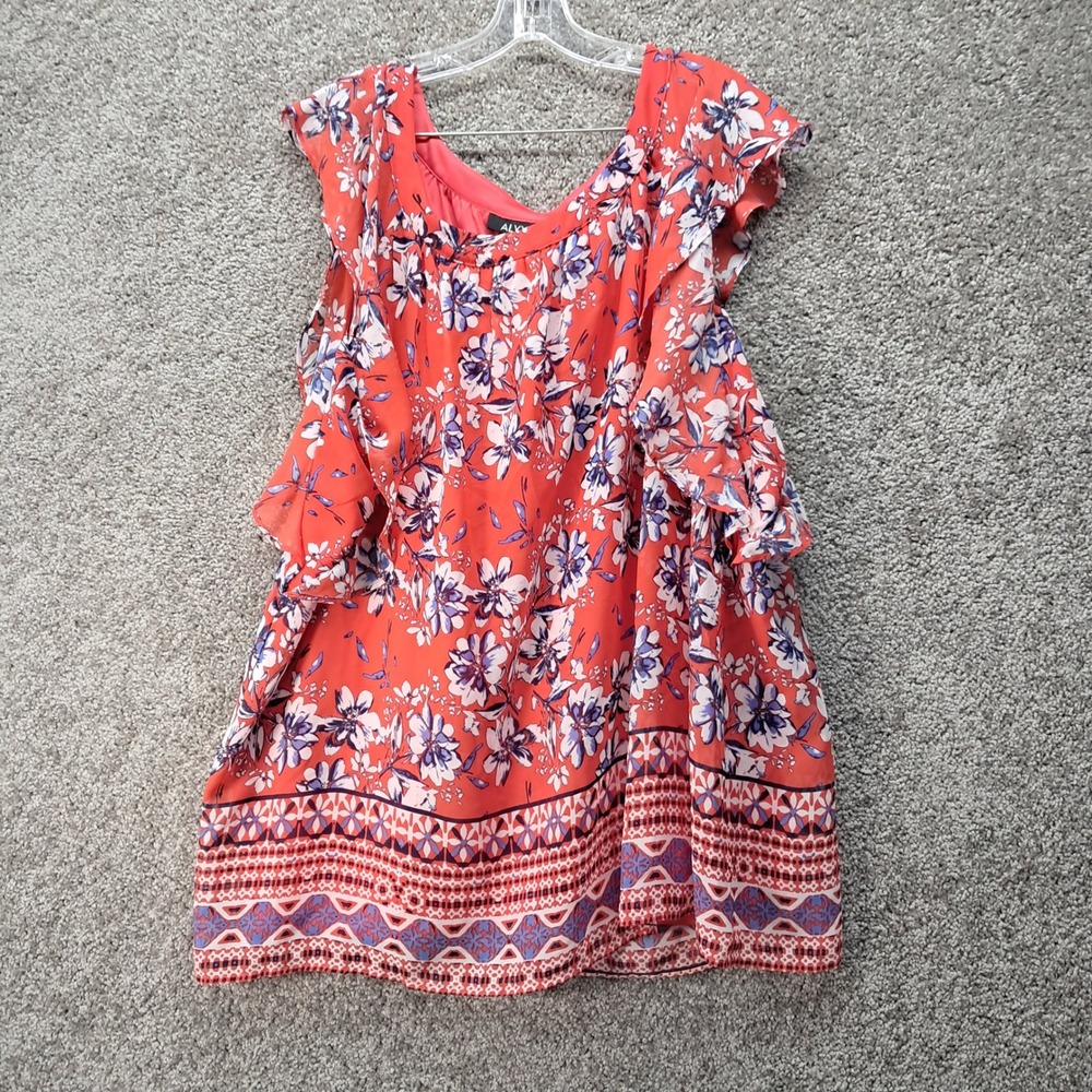 ALYX Womens 3X Red Floral Cold Shoulder Ruffle Blouse Geometric‎ Border Top